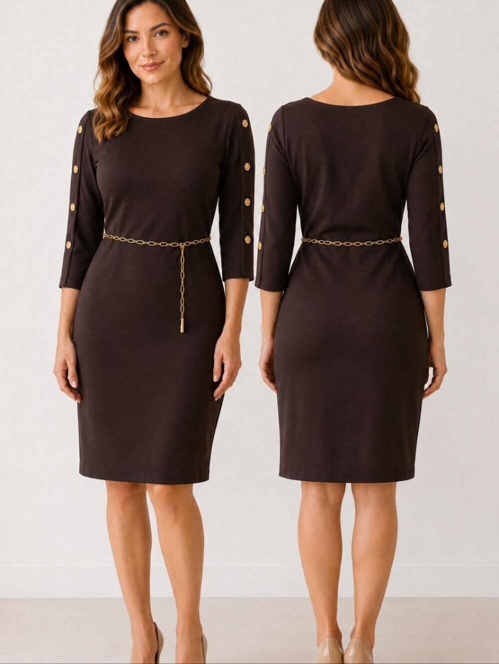 Chico’s Travelers Espresso Brown Autumn Dress Gold Chain Belt S Western Wedding